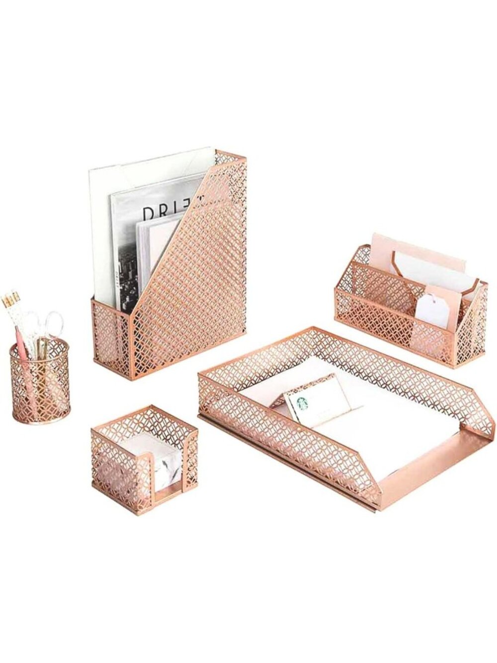Rose Gold 6-Piece Desk Organizer Set | Metal Office Accessories, Mail Sorter